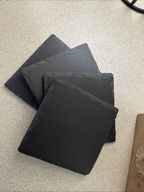 Set of 4 Natural Black Slate Square Drink Coasters with Chipped Edges